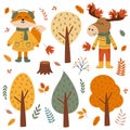 Set of isolated autumn animals, trees, leaves