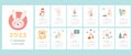 Calendar 2023 design template with rabbits. Year of the Rabbit. Set of 12 vertical templates and cover. Sunday start calendar. Royalty Free Stock Photo