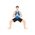 Man doing Goddess Pose Prayer Hands, Fierce Angle Pose Prayer Hands,