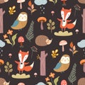 Autumnal seamless pattern, wallpaper, cute childish background design with forest animals