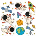Set of isolated cute astronaut,rocket, Earth,Moon