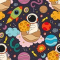 Seamless pattern  with cute astronaut sitting on planet with moon Royalty Free Stock Photo