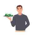 Young Business man hand holding tray with big pile of money vector Royalty Free Stock Photo