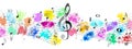 Vector Black and Grey Watercolor Textured Music Notes in Colorful Spatters and Splashes Background Banner