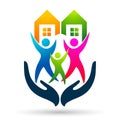 Real estate House roof and home in hand happy family care logo vector element icon design vector on white background. Business, co