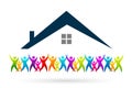 Crowd of people Success team with home house roof union group work Business people wellness, celebration, logo, icon Royalty Free Stock Photo