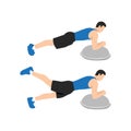 Man doing Bosu ball plank leg lift exercise. Flat vector illustration