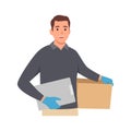 Young delivery man or courier service with red cap uniform holding box Royalty Free Stock Photo