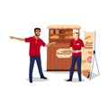 Manager talk and pointing outisde to a bread sales man. Royalty Free Stock Photo