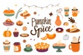Pumpkin spice collection with seasonal flavored products, coffee, latte, pies and other sweet desserts