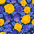 Seamless pattern with Buttercups Ranunculus, Pansies Viola and Forget-me-nots.