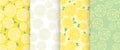 Set of backgrounds with slices of lemons. Vector seamless patterns with citrus fruits.