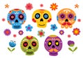 set of isolated colourful sugar skulls and flowers