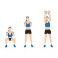 Woman doing kettlebell thruster or squat to clean to overhead press exercise