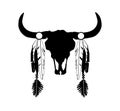 Cow head silhouette with feathers, Native American logo illustration isolated