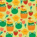 Seamless pattern cartoon chick and frog. cute animal, plant and dessert wallpaper for textile, gift wrap paper Royalty Free Stock Photo