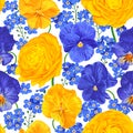 Botanical vector seamless pattern. Realistic flowers in yellow and blue colors. Royalty Free Stock Photo