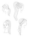 Collection. Female profile silhouettes in modern one line style. Feminine continuous . Vector illustration set.