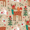 Seamless pattern with Christmas deer, hare, squirrel