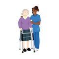 Nurse helps her grandmother to go to the walker. Caring for the elderly.