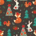 Seamless pattern with Christmas tree and animals