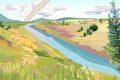 Natural view: a green grass hill, smooth river and beautiful rainbow in the summer time