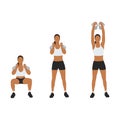 Woman doing kettlebell thruster or squat to clean to overhead press exercise