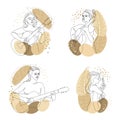 Girl guitarist. Continuous line, decor outline, posters, stickers, logo. Vector illustration set.