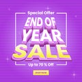 sale promotion for end of year design. 3d text effect and puple background with stripes pattern