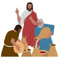 Jesus is doing the miracle of turning water into wine, cute cartoon