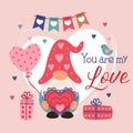 Valentine card with cute gnome, love elements