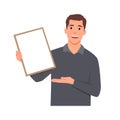 Young man holding or showing a blank clipboard. Flat vector Royalty Free Stock Photo