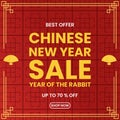 best offer chinese new year sale. simple design with text, fan, pattern and red background