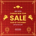 sale design for chinese new year 2023. simple design with text, rabbit, podium, lantern and red background