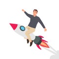 Young Businessman flying forward on a rocket on blue sky background Royalty Free Stock Photo