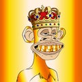 Golden king bored ape yacht club monkey wearing crown isolated on bright yellow gradient background