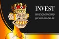 Smiling golden monkey wearing crown on an invest page. Bored ape yacht club NFT bullish market
