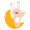 Cute cartoon bunny sitting on the moon waving and smiling Royalty Free Stock Photo