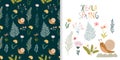 Hello spring set with seamless pattern and cute seasonal elements