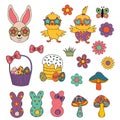 Set of isolated retro groovy easter rabbit, chick, eggs, flowers