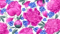 Botanical background, spring bright flowers. Peonies and forget-me-nots in realistic style, vector blue and pink plants.