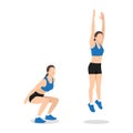 Woman doing squat jump in 2 steps in side view for strengthens entire lower body