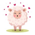 Cute happy sheep or lamb with pink hearts and light pink dots. Emotions, love. Illustration on a white isolated background.