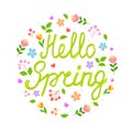 Hello spring. Hand drawn phrase. Doodle colorful flowers, leaves, pink and red hearts, branches with berries, dots. Royalty Free Stock Photo