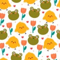 seamless pattern cartoon chick and frog. cute animal, plant and dessert wallpaper for textile, gift wrap paper