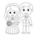 Wedding Couple Coloring Page. Bride And Groom Cartoon Illustration. Cute Marriage Scene Royalty Free Stock Photo