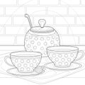 Cups of tea, sugar bowl, dishes, tablecloth, strawberry, brick wall. Interior illustration on a white isolated background.