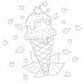 Hand drawn ice-cream in waffle cone, cherries, blueberries, leaves, topping. Summer food and fruit illustration.
