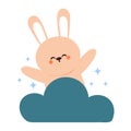 cute happy bunny on top of the cloud. cute animal icon for sticker