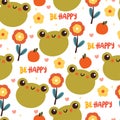 seamless pattern cartoon frog with orange and flower. cute animal, plant and fruit wallpaper for textile, gift wrap paper Royalty Free Stock Photo